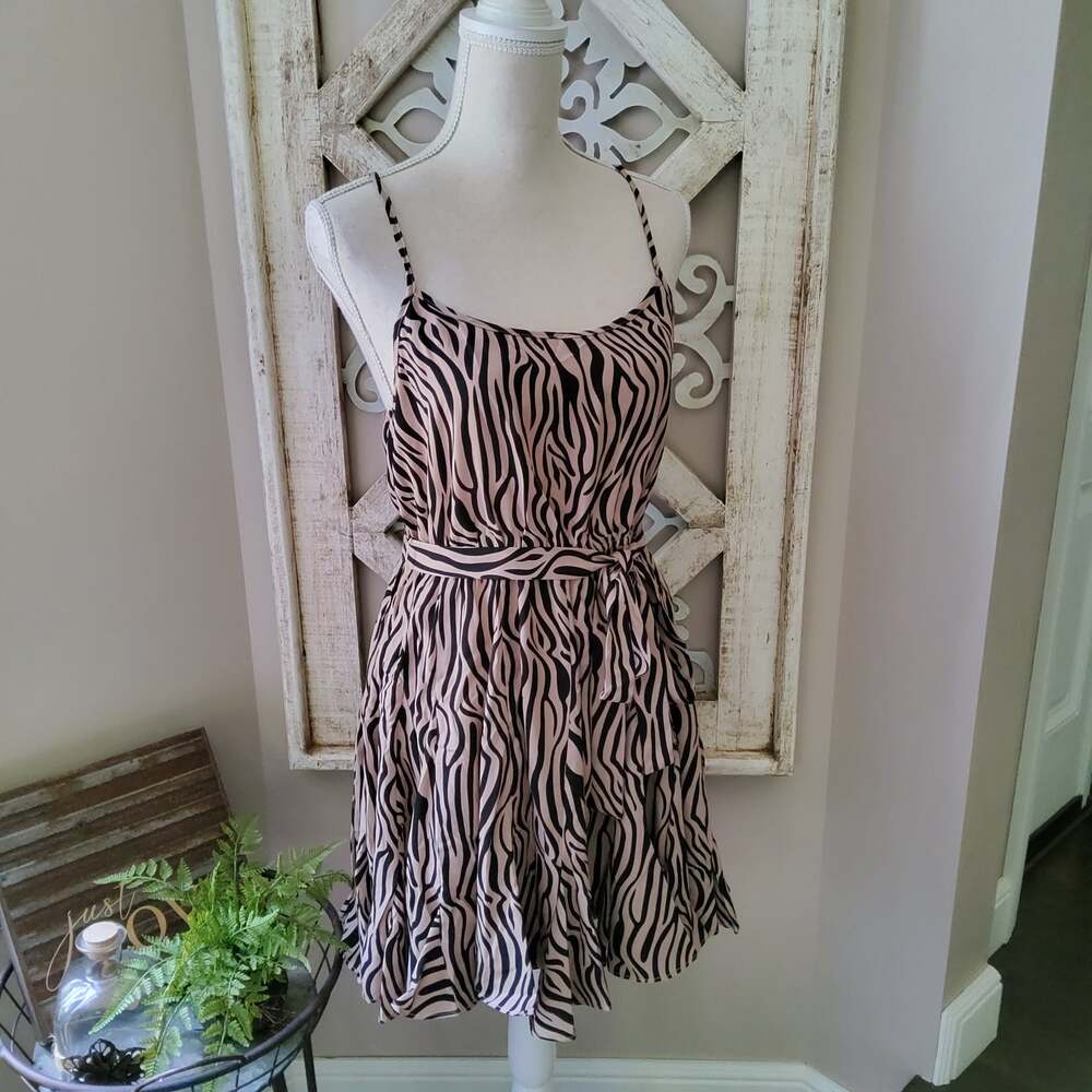 Mittoshop Zebra Print Ruffle Hem Cami Mini Dress Y2K Coquette M L Animal Print
